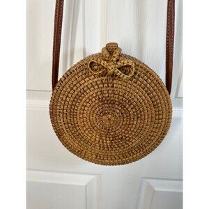 Women's Wicker Canteen Crossbody Bag Straw Rattan Fabric Lined  Boho